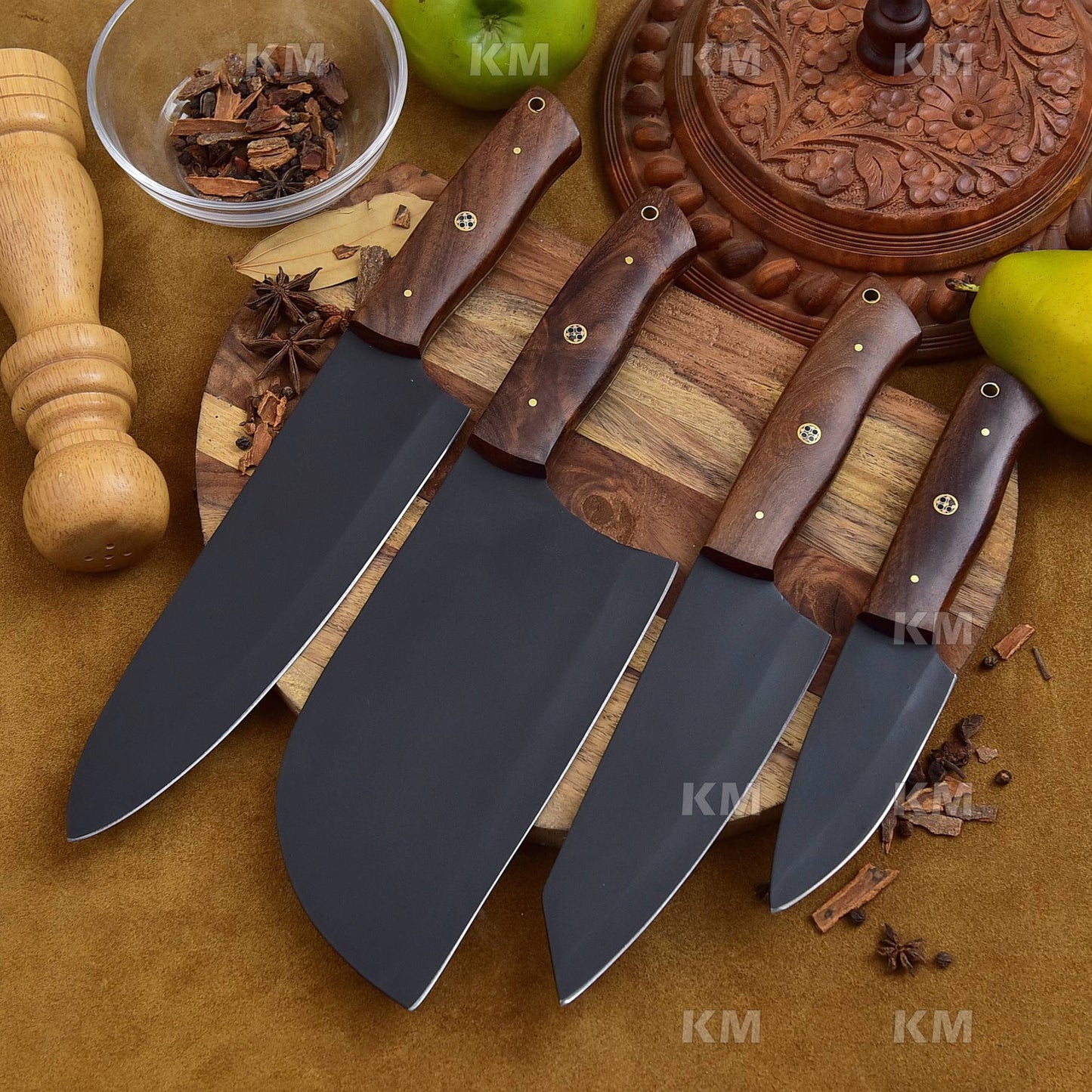 KITCHEN KNIVES SET / Handmade chef knife Sets Full Tang Blades With Rose Wood Handles Valentines Day Gifts , Groomsman Gifts, Birthday Gifts