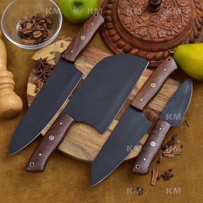 KITCHEN KNIVES SET / Handmade chef knife Sets Full Tang Blades With Rose Wood Handles Valentines Day Gifts , Groomsman Gifts, Birthday Gifts