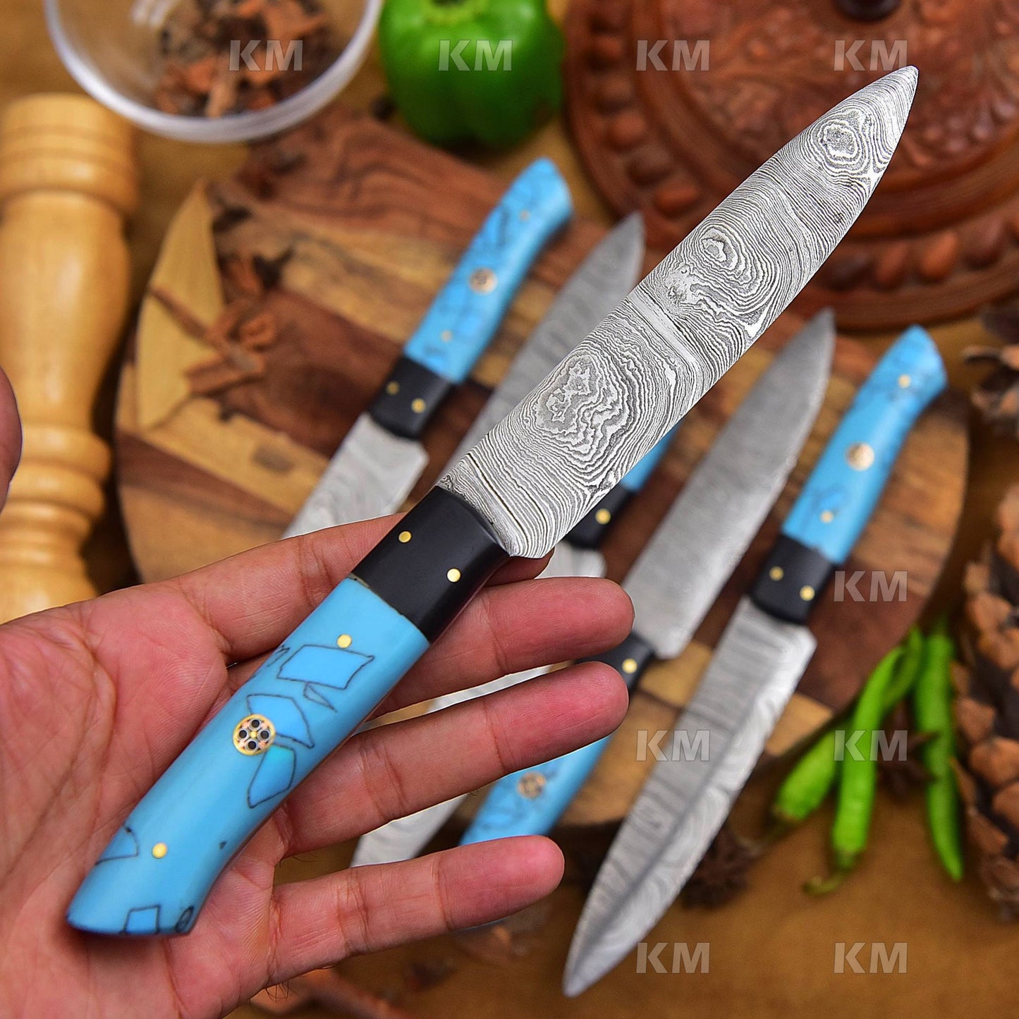 Turquoise Color Handle Steak Knives Set 6 pcs Damascus Steel Blades Valentines Day Gifts