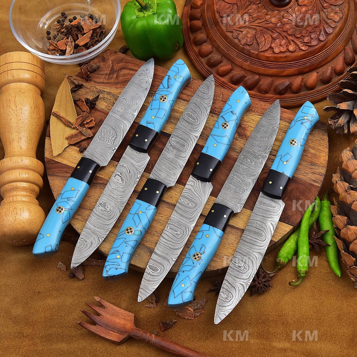 Turquoise Color Handle Steak Knives Set 6 pcs Damascus Steel Blades Valentines Day Gifts