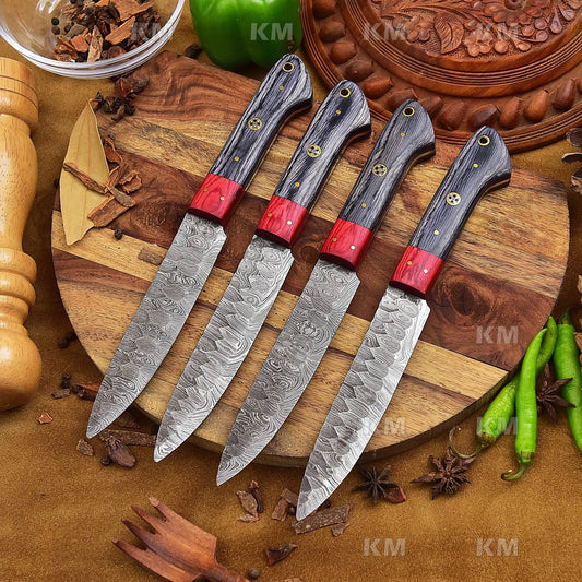 Damascus Steel Steak Knife Set 4 Pcs  with Beautiful Pkka Wood Handle - Ultra Sharp Edge Grilling Knives Valentines Day Gifts