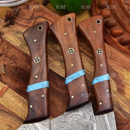 Custom Handmade Kitchen Knives Set 3 Pcs Damascus Steel Blades With Unique Handles Valentines Day Gifts, Birthday  Gifts, Groomsman Gifts