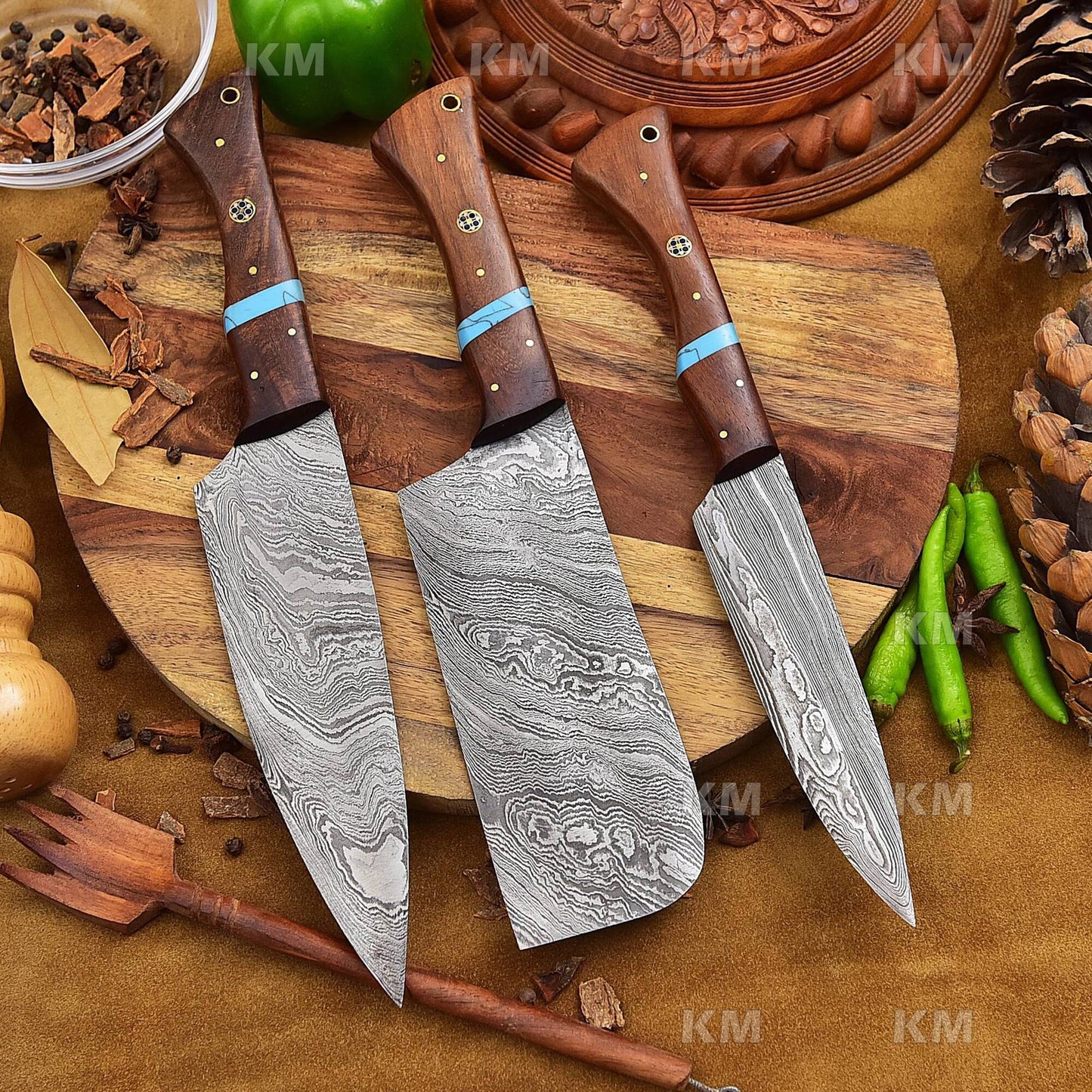 Custom Handmade Kitchen Knives Set 3 Pcs Damascus Steel Blades With Unique Handles Valentines Day Gifts, Birthday  Gifts, Groomsman Gifts