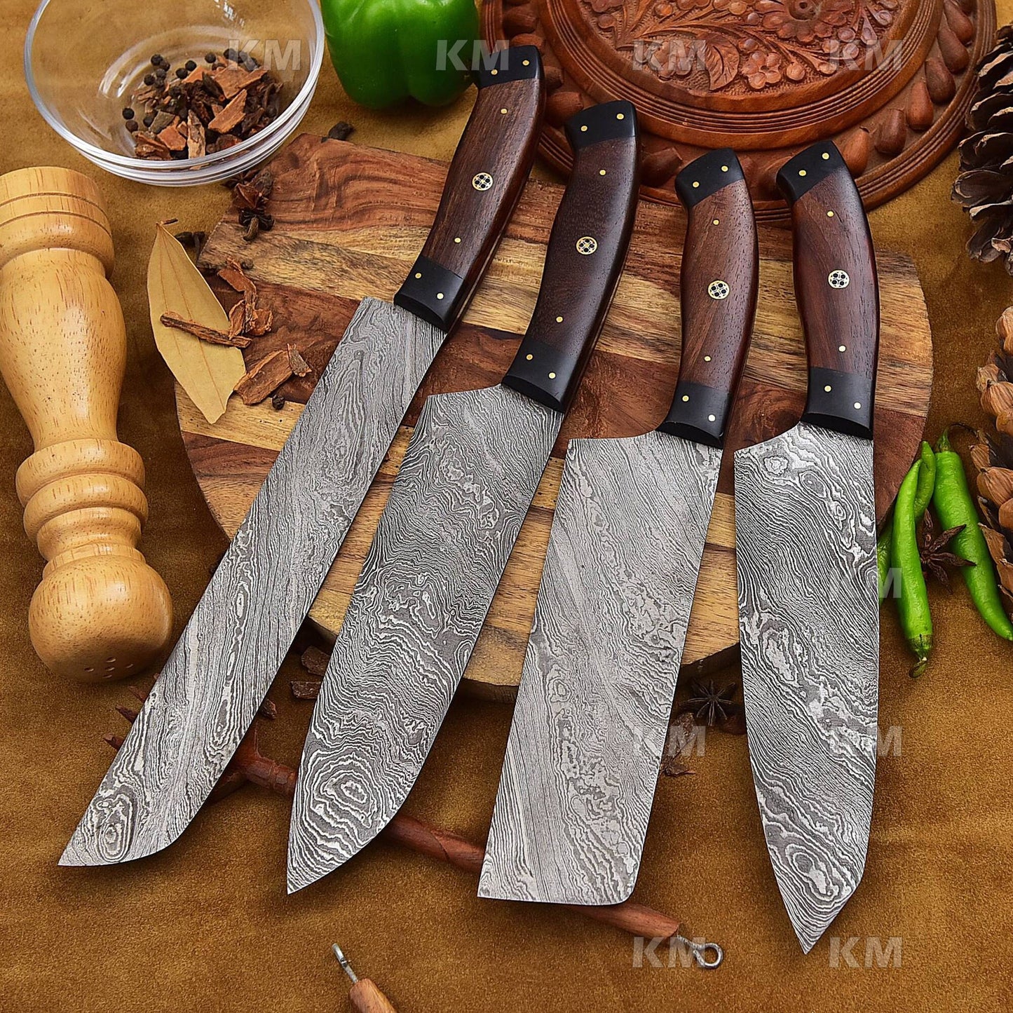 4 Pcs Custom Handmade Damascus Steel Chef Knives Set Valentines Day Gifts, Birthday Gifts, Anniversary Gifts