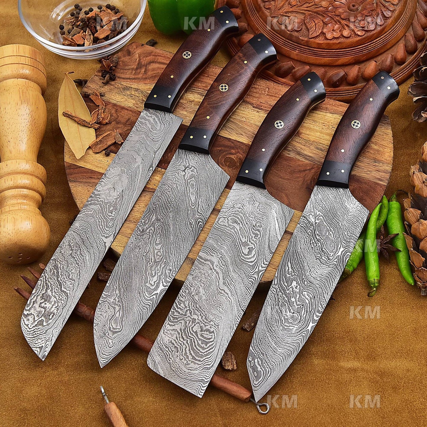 4 Pcs Custom Handmade Damascus Steel Chef Knives Set Valentines Day Gifts, Birthday Gifts, Anniversary Gifts