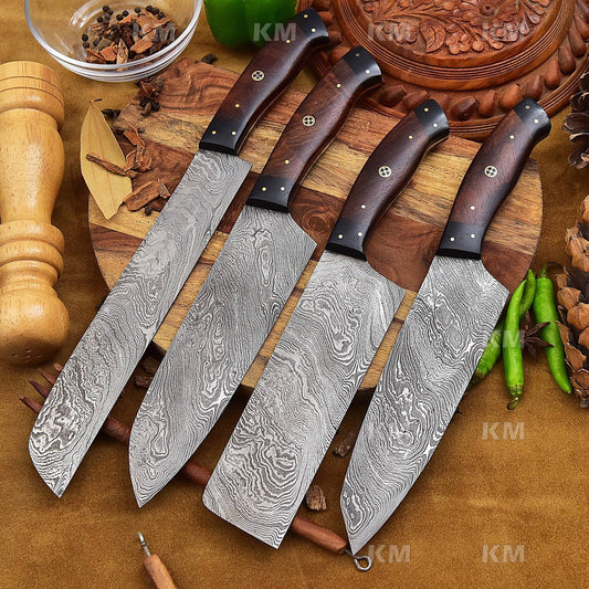 4 Pcs Custom Handmade Damascus Steel Chef Knives Set Valentines Day Gifts, Birthday Gifts, Anniversary Gifts