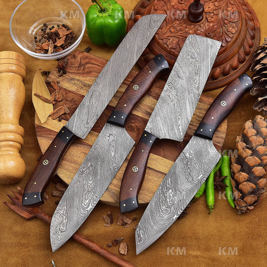 4 Pcs Custom Handmade Damascus Steel Chef Knives Set Valentines Day Gifts, Birthday Gifts, Anniversary Gifts