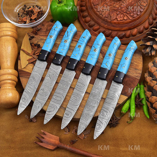 Turquoise Color Handle Steak Knives Set 6 pcs Damascus Steel Blades Valentines Day Gifts