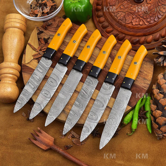 Steak Knives Set 6 Pcs Damascus Steel Knives Custom Handmade BBQ Grilling Knives Birthday Gifts Valentines Day Gifts